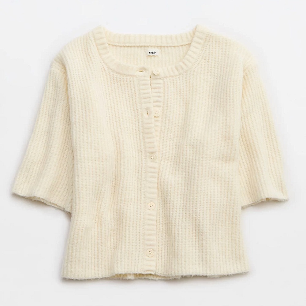 aerie Ivory Ribbed Short-Sleeve Button Cardigan
